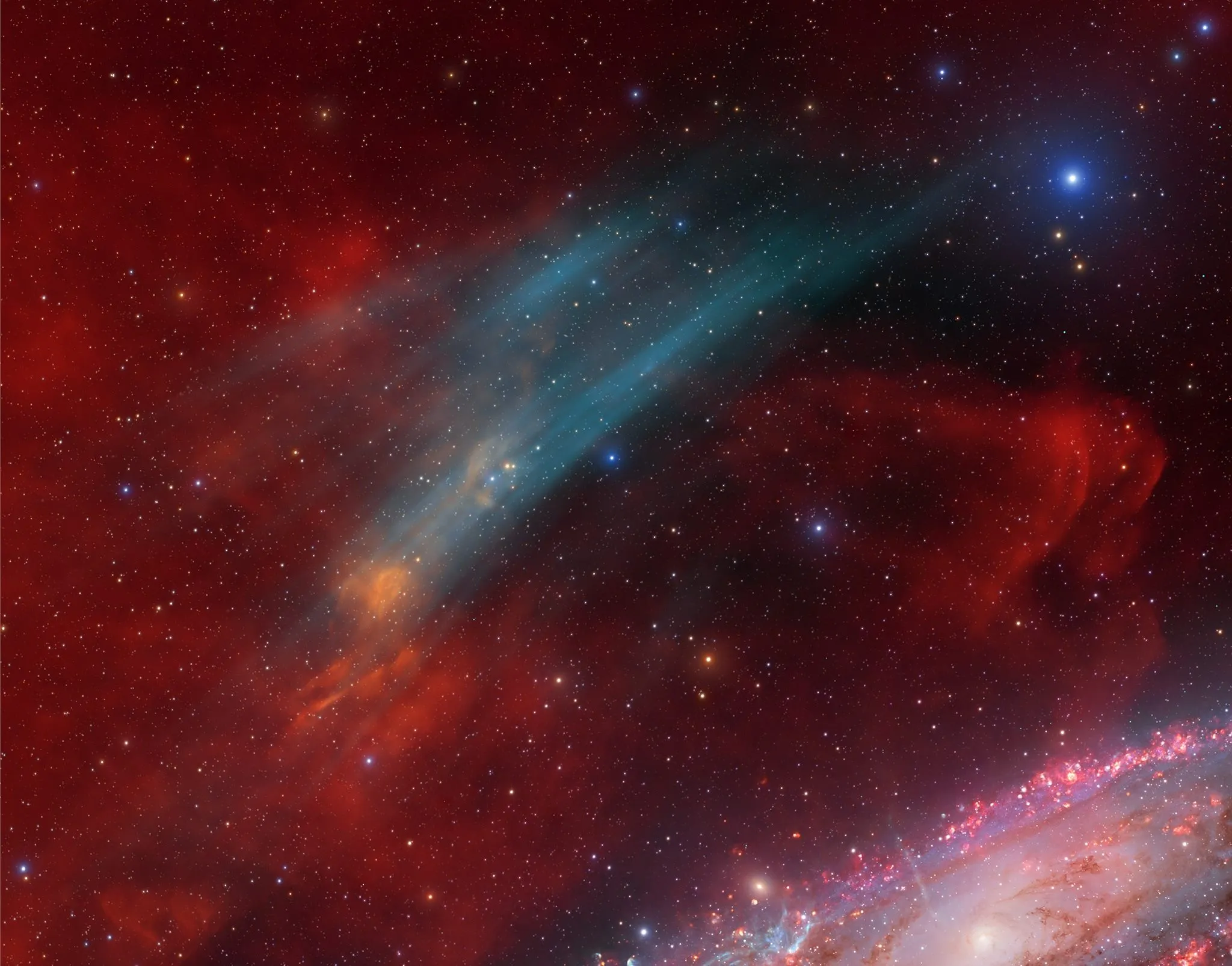 新发现星云的高解析力影像，结合了宽频的RGB彩色影像，与[O III]和Hα的窄频影像。