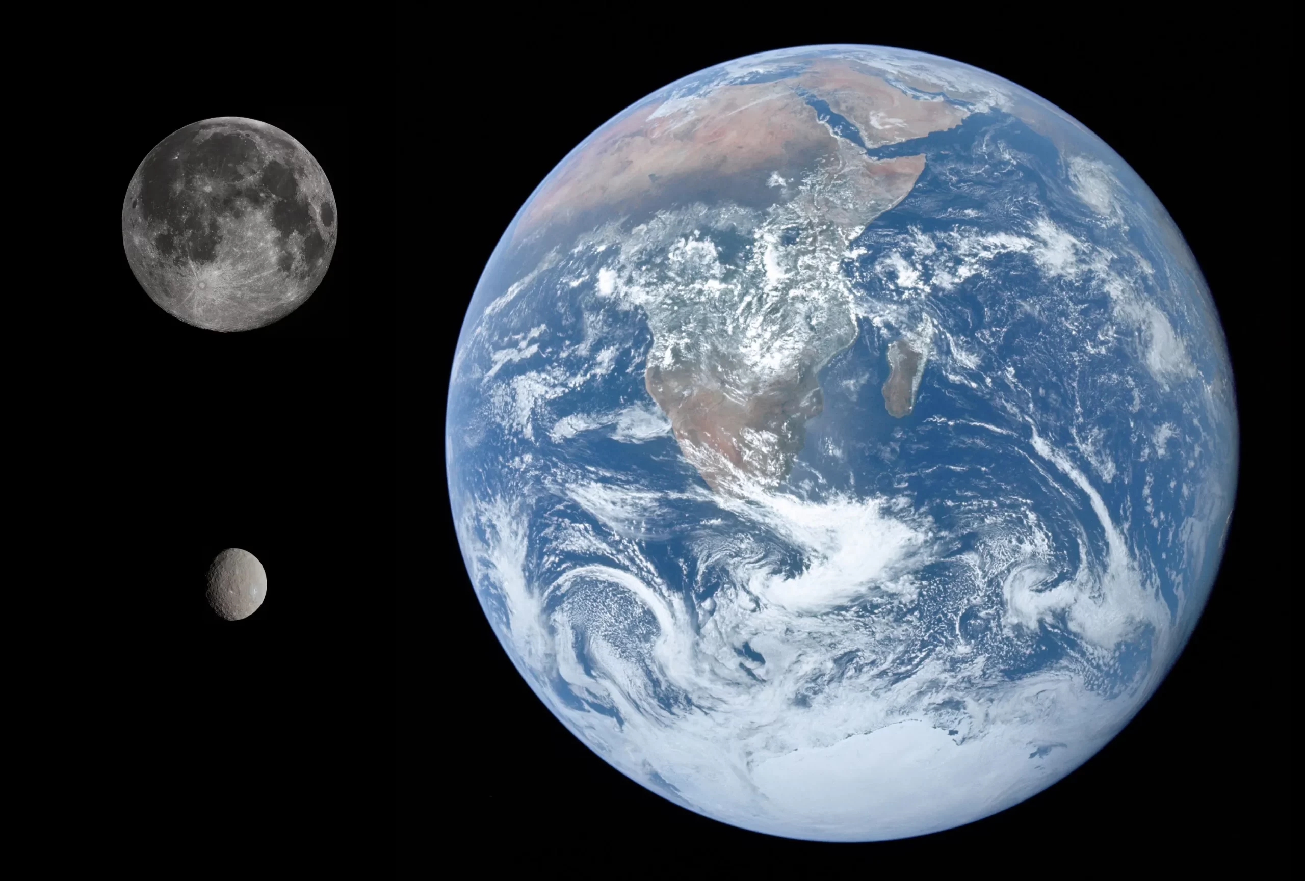 谷神星（左下）与月球、地球的实际大小比较。